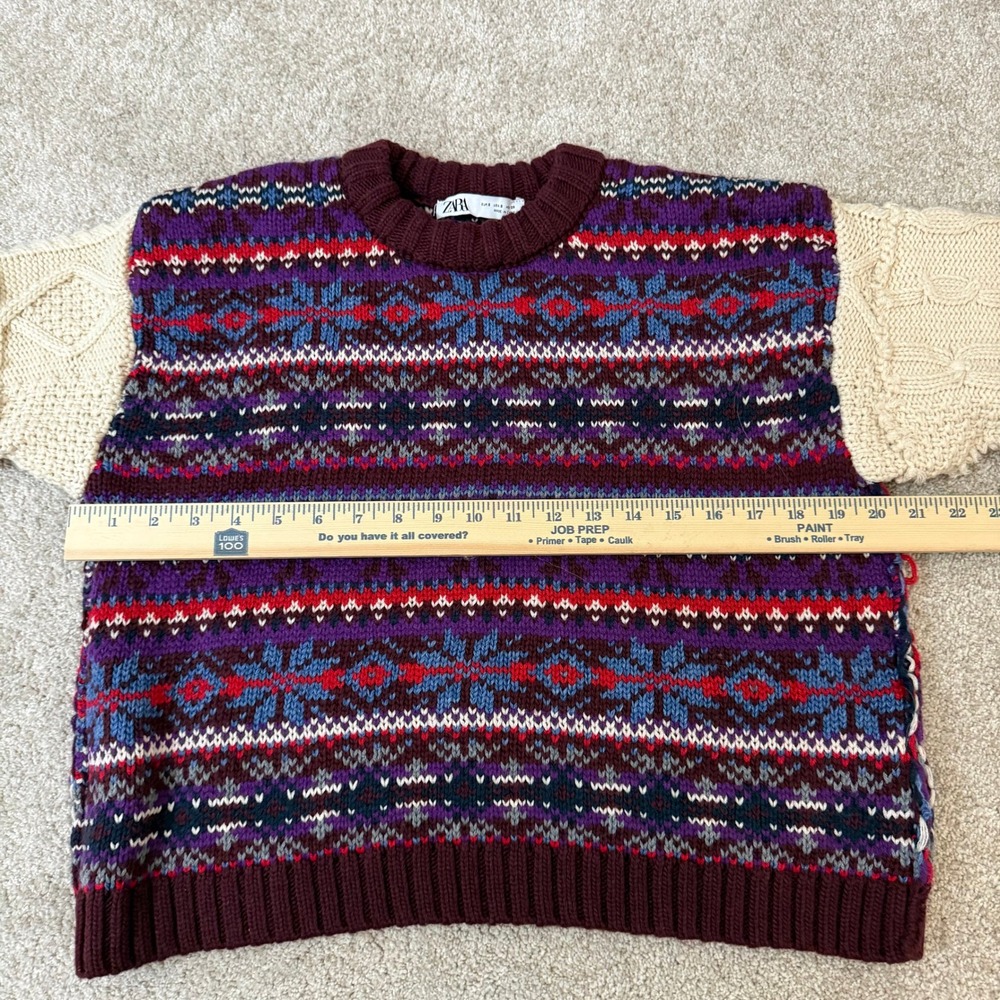 Zara Womens Fair Isle Mixed Knit Sweater Purple Red Cable Knit Sleeves Small - Picture 7 of 9